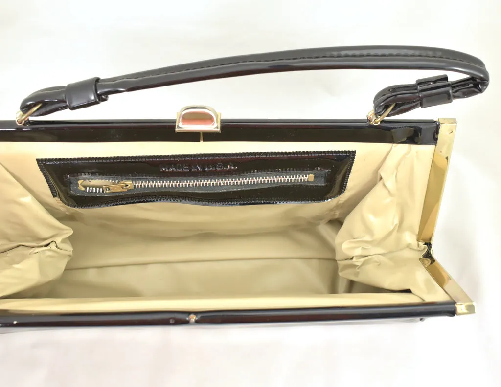 1950s Long Black Patent Vintage Handbag