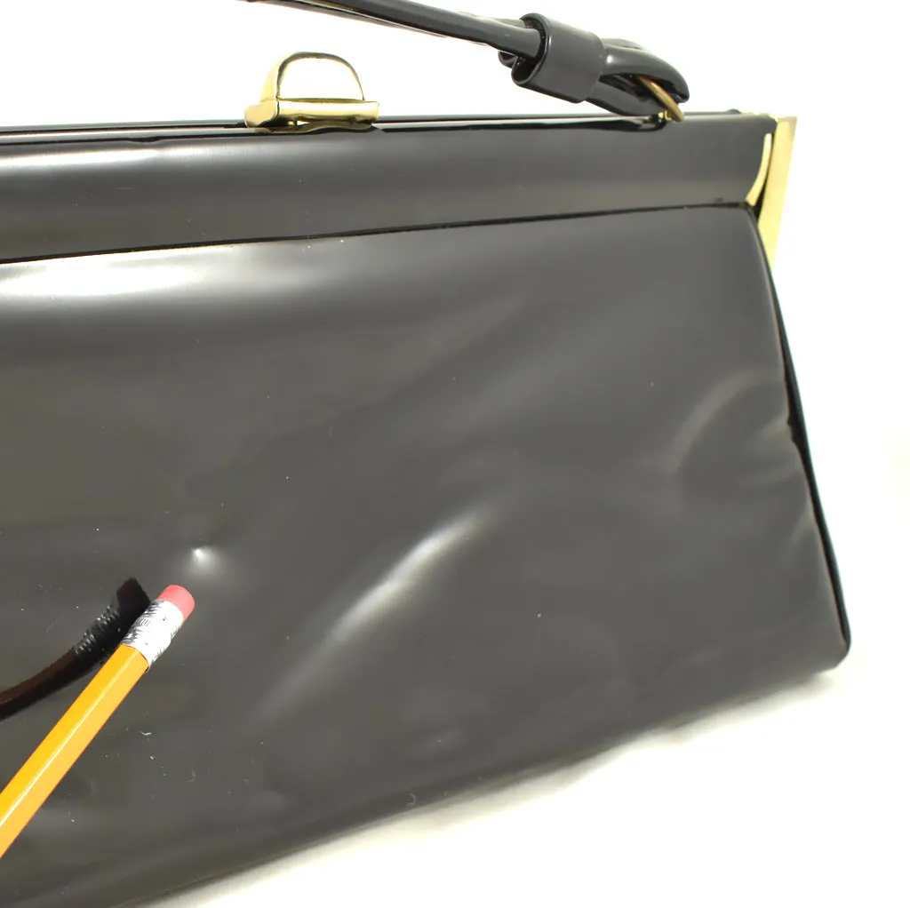 1950s Long Black Patent Vintage Handbag