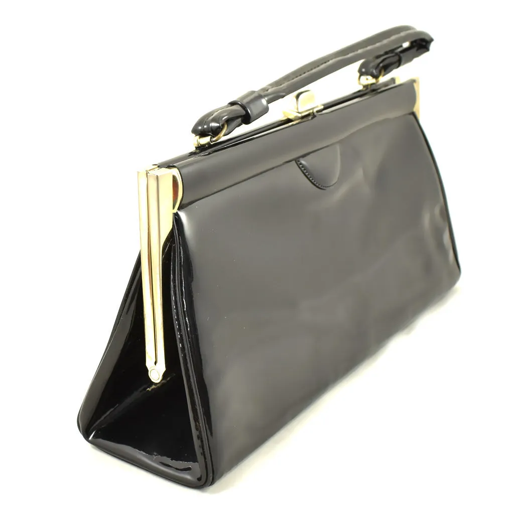 1950s Long Black Patent Vintage Handbag