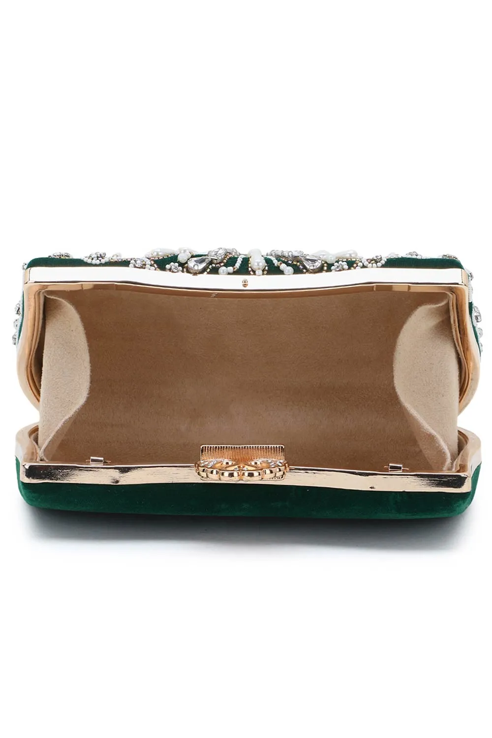 Adorn Dark Green & White Velvet Beaded Clutch