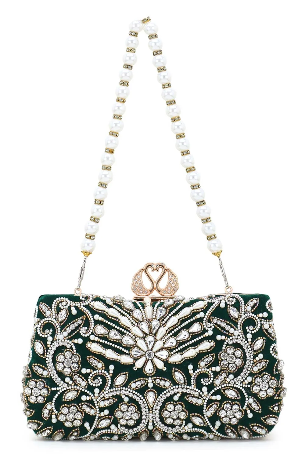 Adorn Dark Green & White Velvet Beaded Clutch