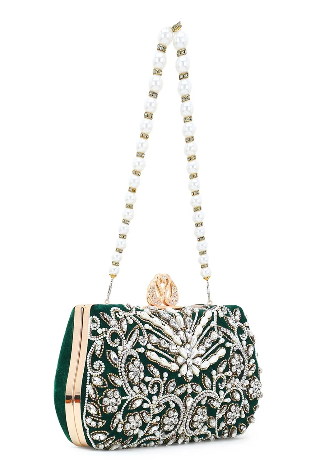 Adorn Dark Green & White Velvet Beaded Clutch