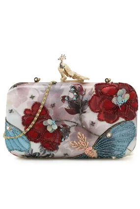 Adorn Muave & Multi Printed & Embellished Satin Clutch