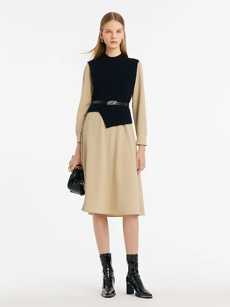 Asymmetrical Knitted Vest And Midi Dress Two-Piece Set With Belt