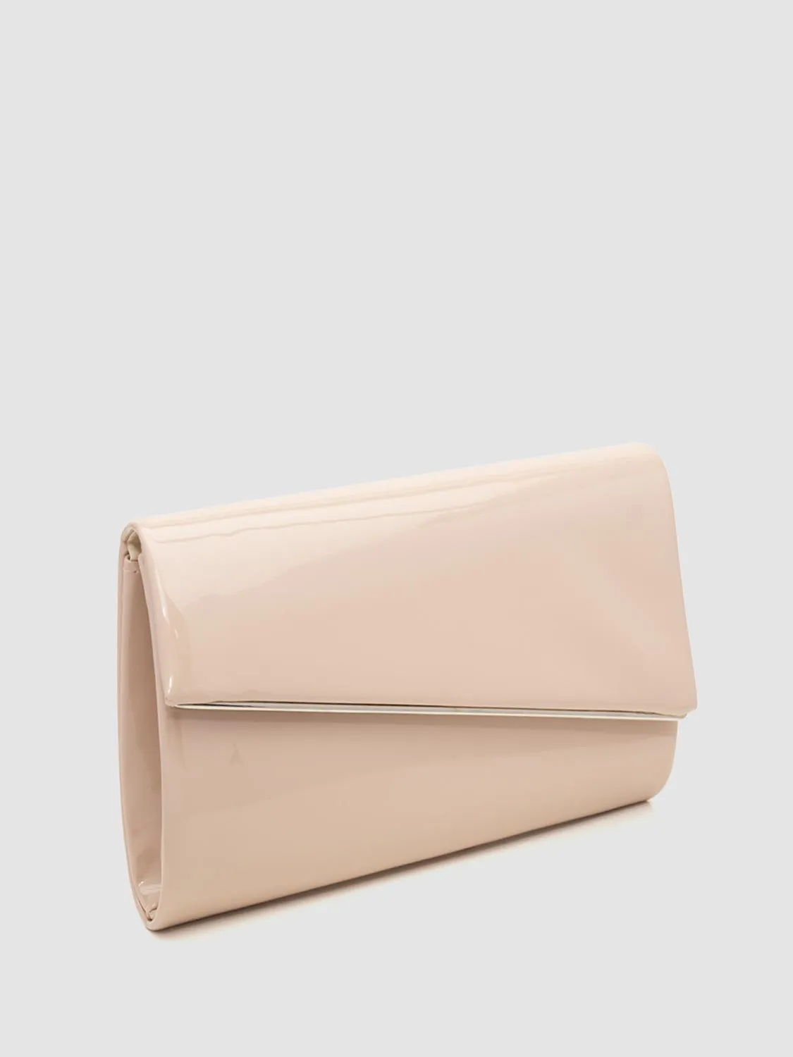 Asymmetrical Patent Faux-Leather Flapover Clutch With Metal Trim