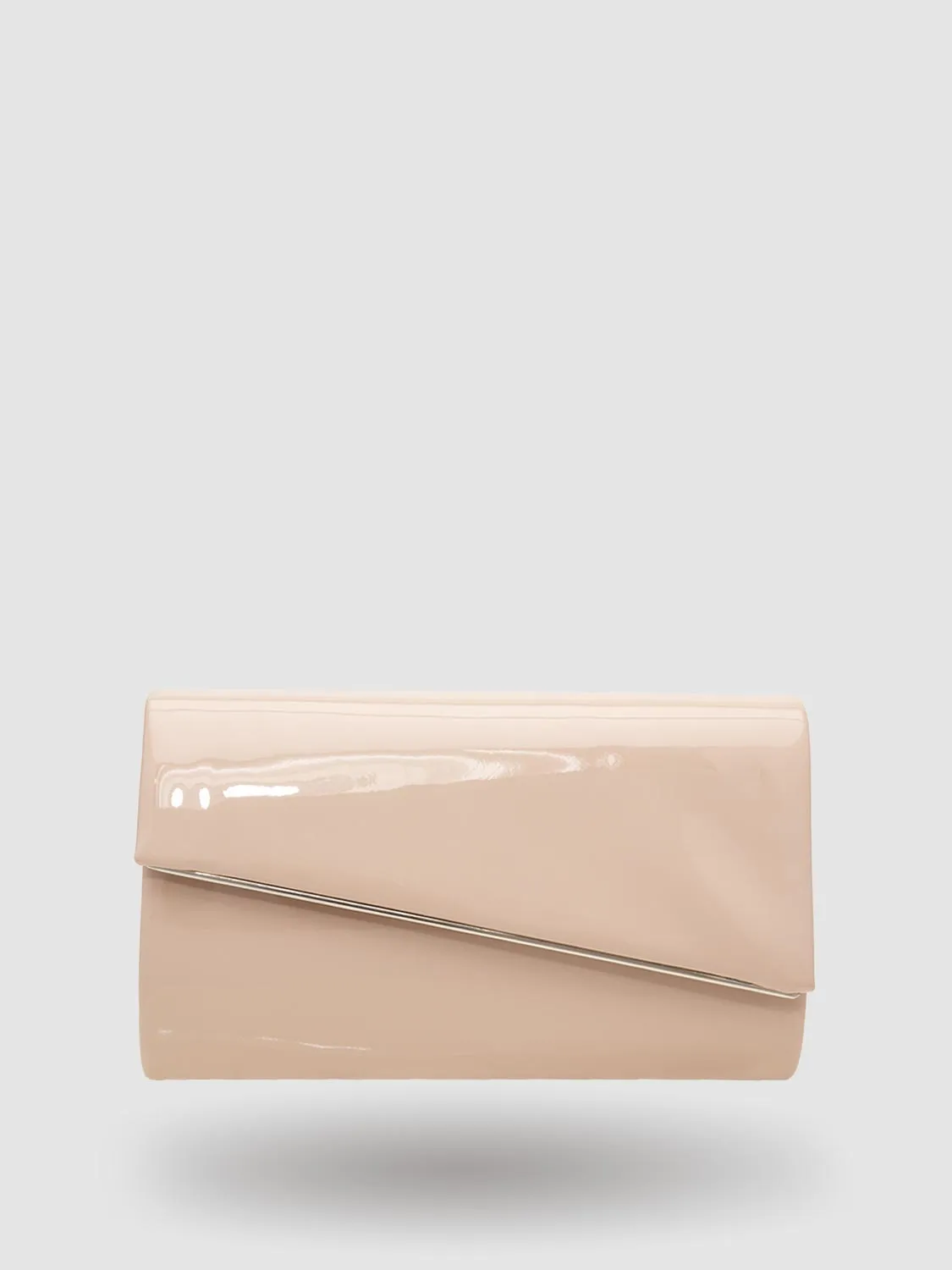 Asymmetrical Patent Faux-Leather Flapover Clutch With Metal Trim