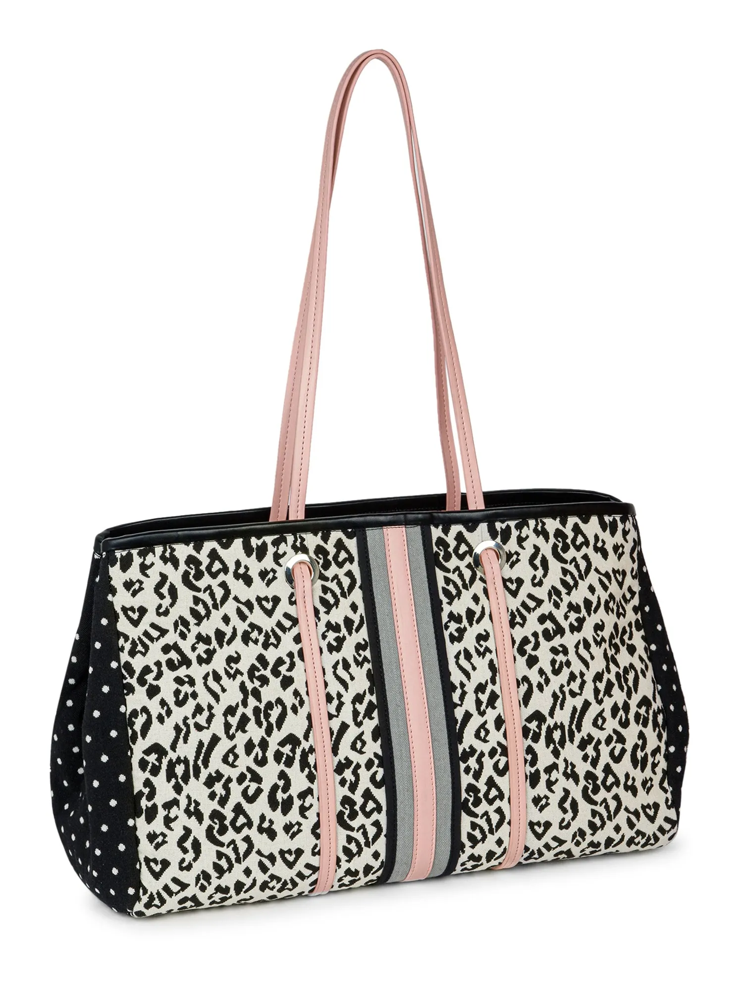 Berrylush Women Beige & Black Animal Printed Fabric Zipper-Up Two-Handles Oversized Tote Bag