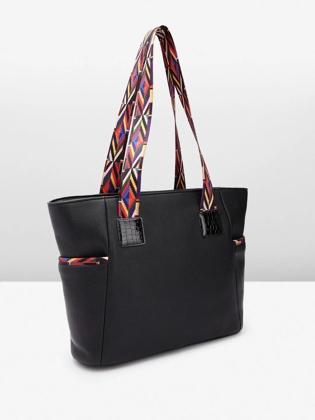 Berrylush Women Black & Multicolour Textured Pattern PU Zipper-Up Two Handle Regular Shopper Bag