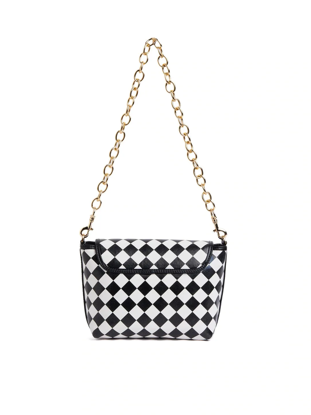 Berrylush Women Black & White Geometric Checked Pattern PU Detachable Sling Strap Structured Small Shoulder Bag