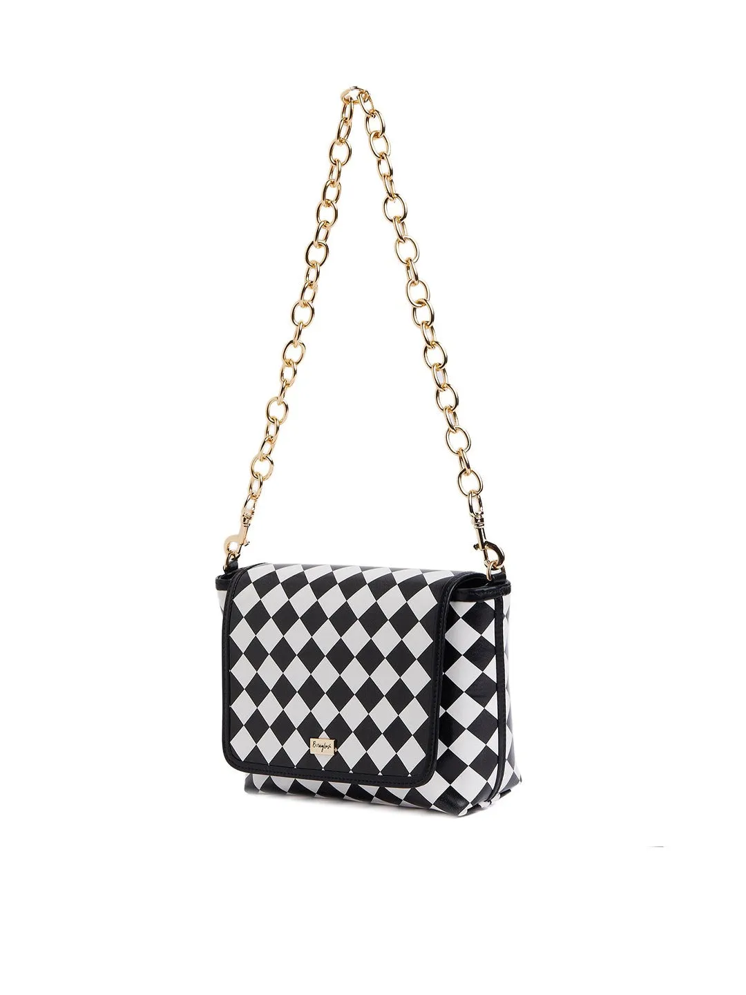 Berrylush Women Black & White Geometric Checked Pattern PU Detachable Sling Strap Structured Small Shoulder Bag