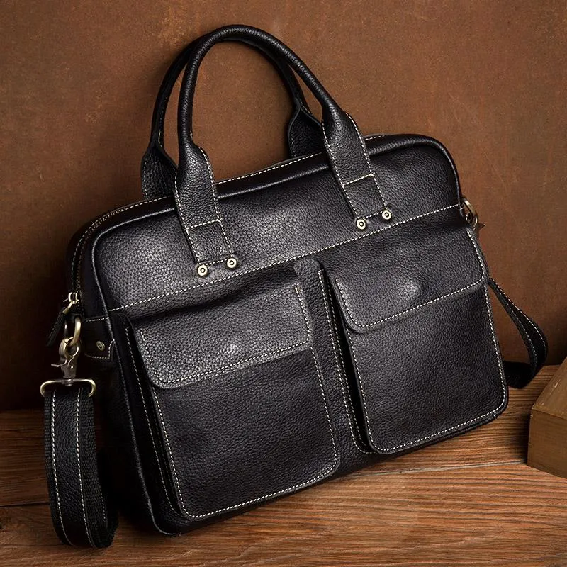 Black Leather Mens 13 inches Vertical Briefcase Laptop Shoulder Bag Coffee Business Work Bag for Men