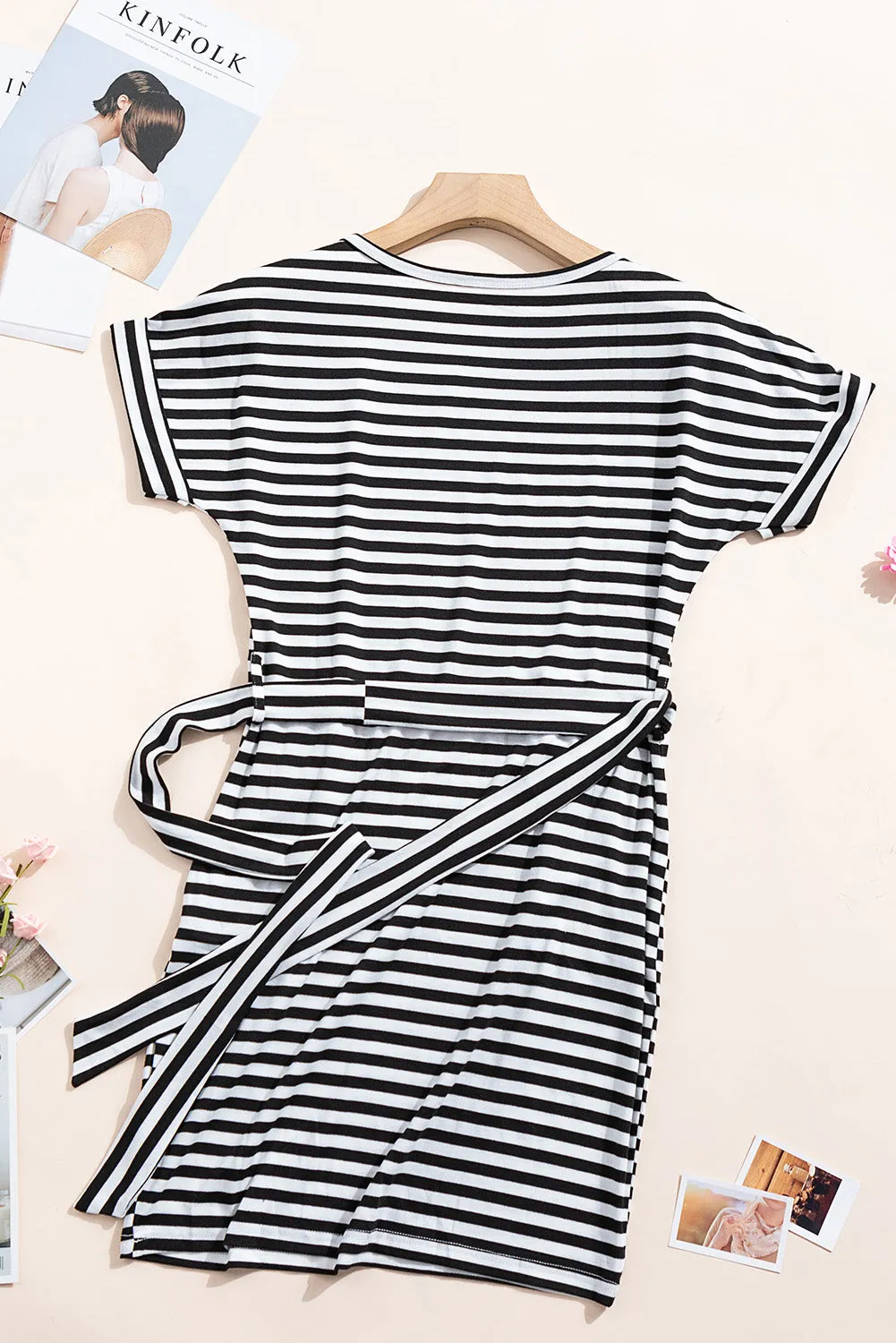 Black White Stripes Pocketed Belt Casual T-shirt Dress