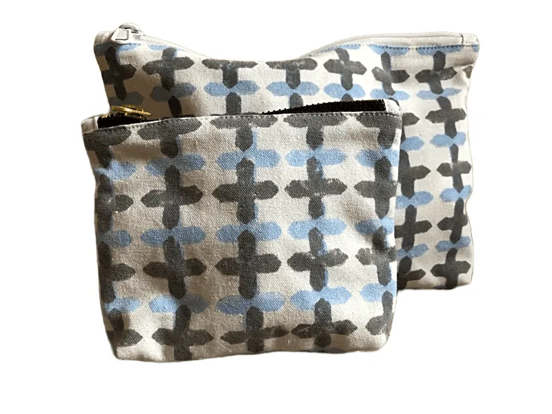 blue and grey cross block printed coin pouch