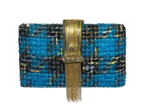 Blue Tweed Fringe Clutch