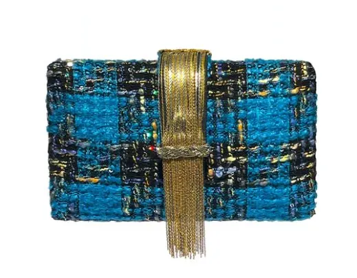 Blue Tweed Fringe Clutch