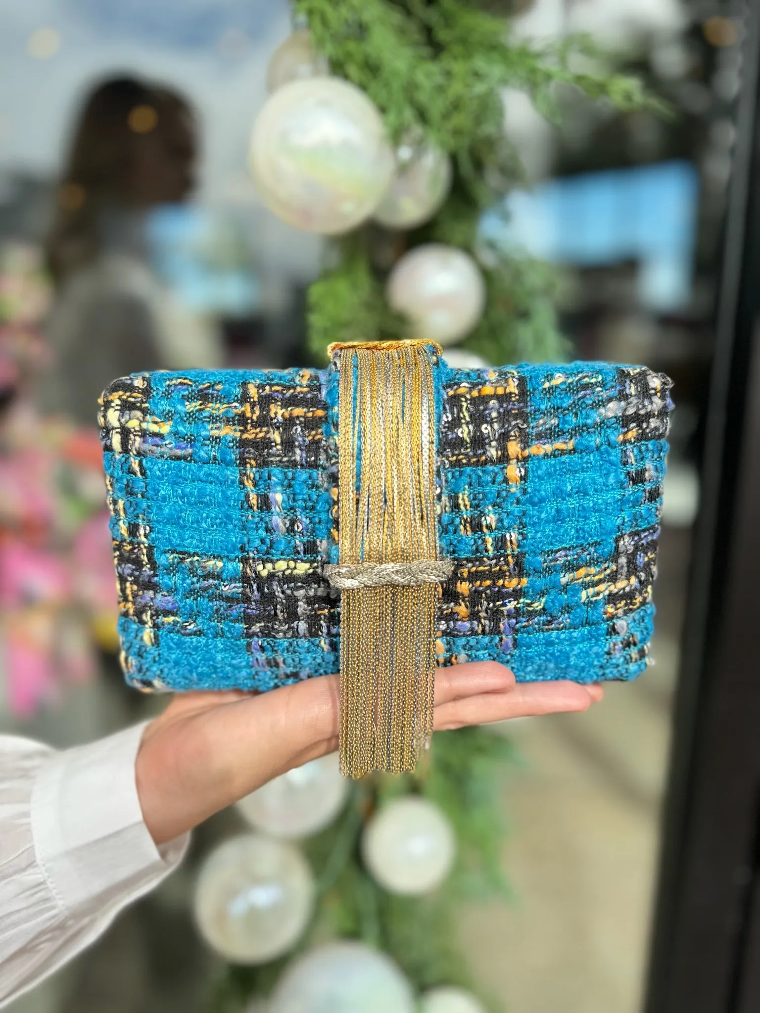 Blue Tweed Fringe Clutch