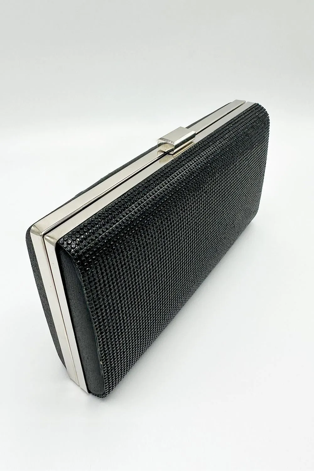 Carna Diamante Embellished Rectangle Clutch Bag in Black