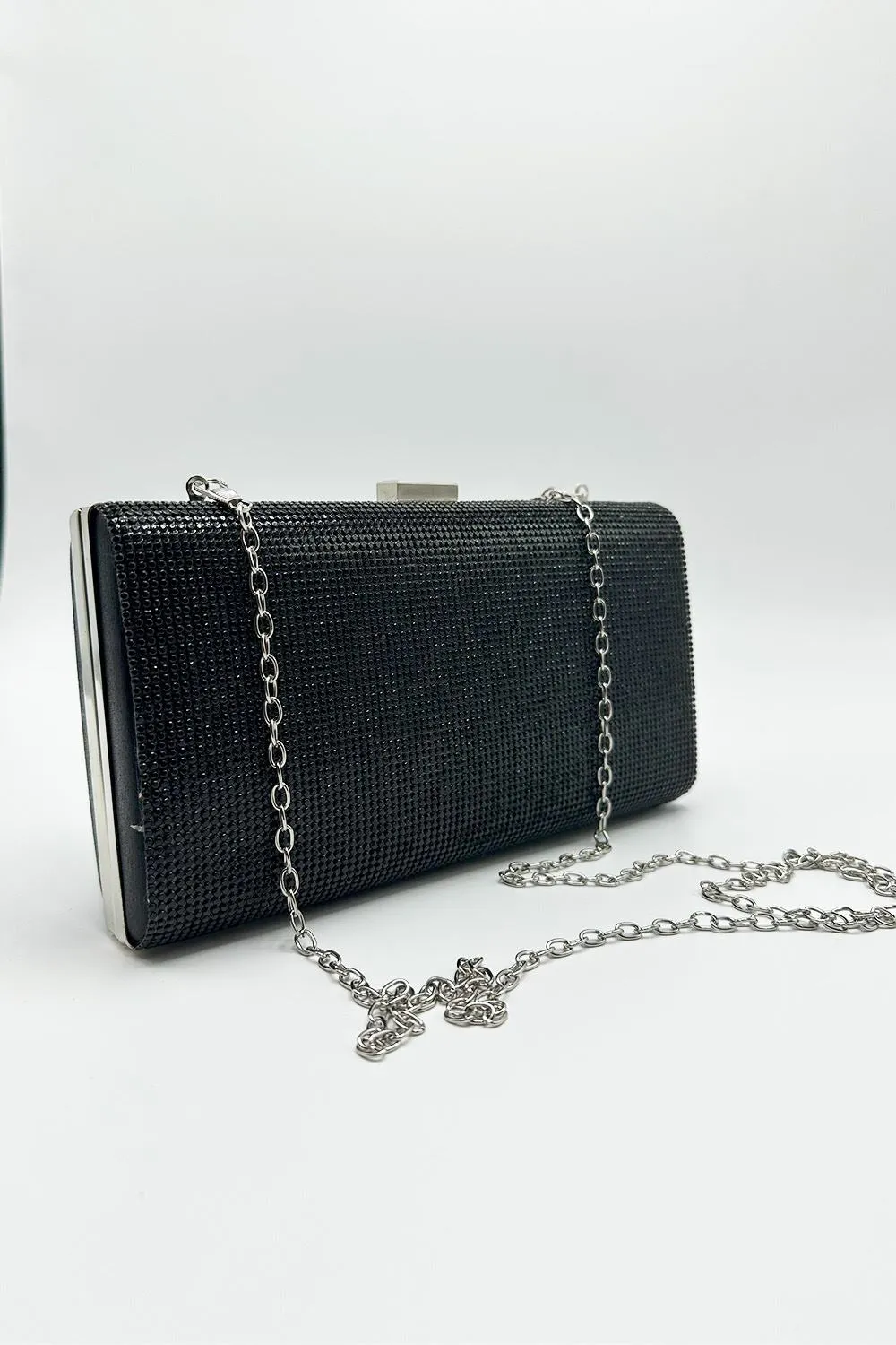 Carna Diamante Embellished Rectangle Clutch Bag in Black