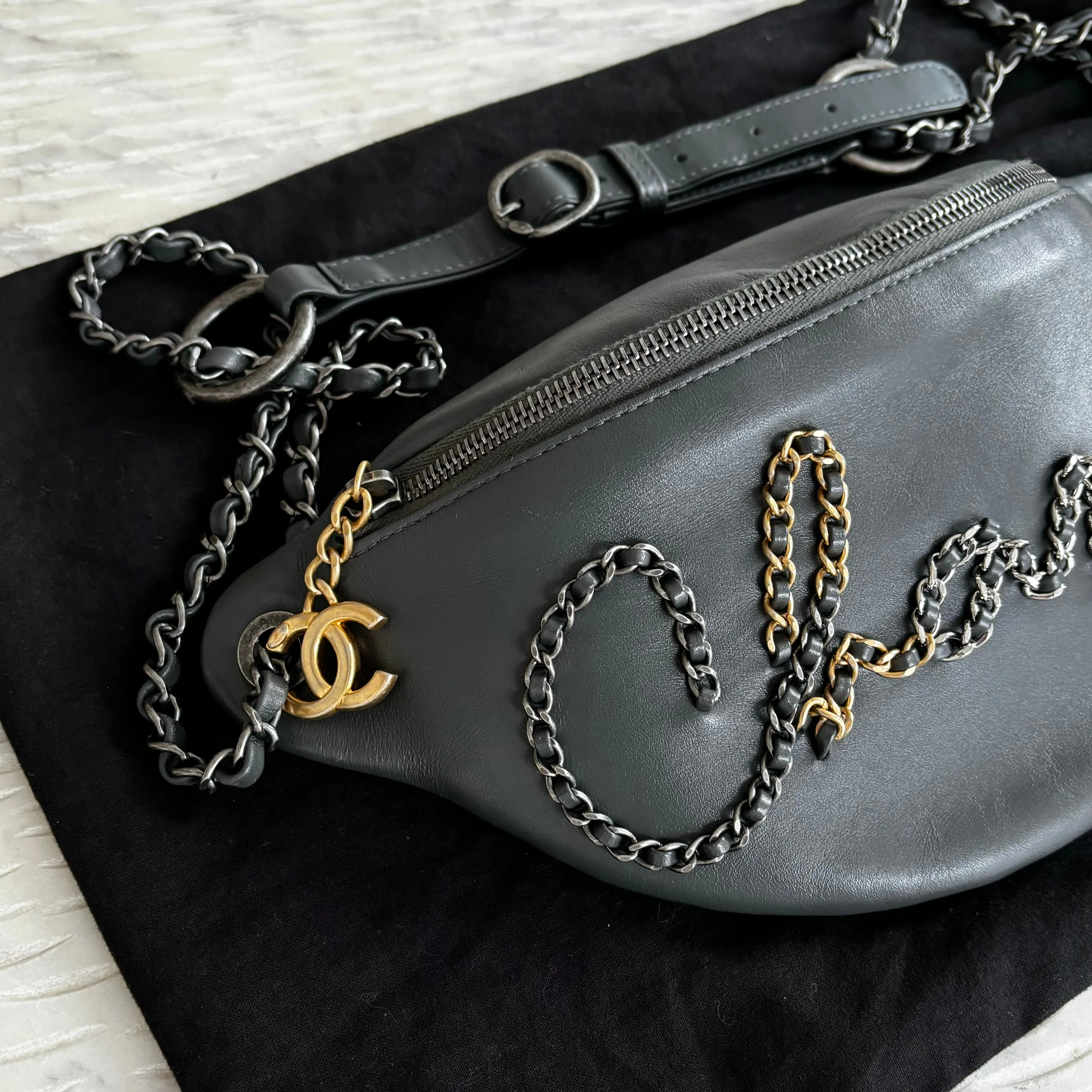 Chanel Grey Calfskin Leather Three-tone Metal Chain Signe Waist Bag