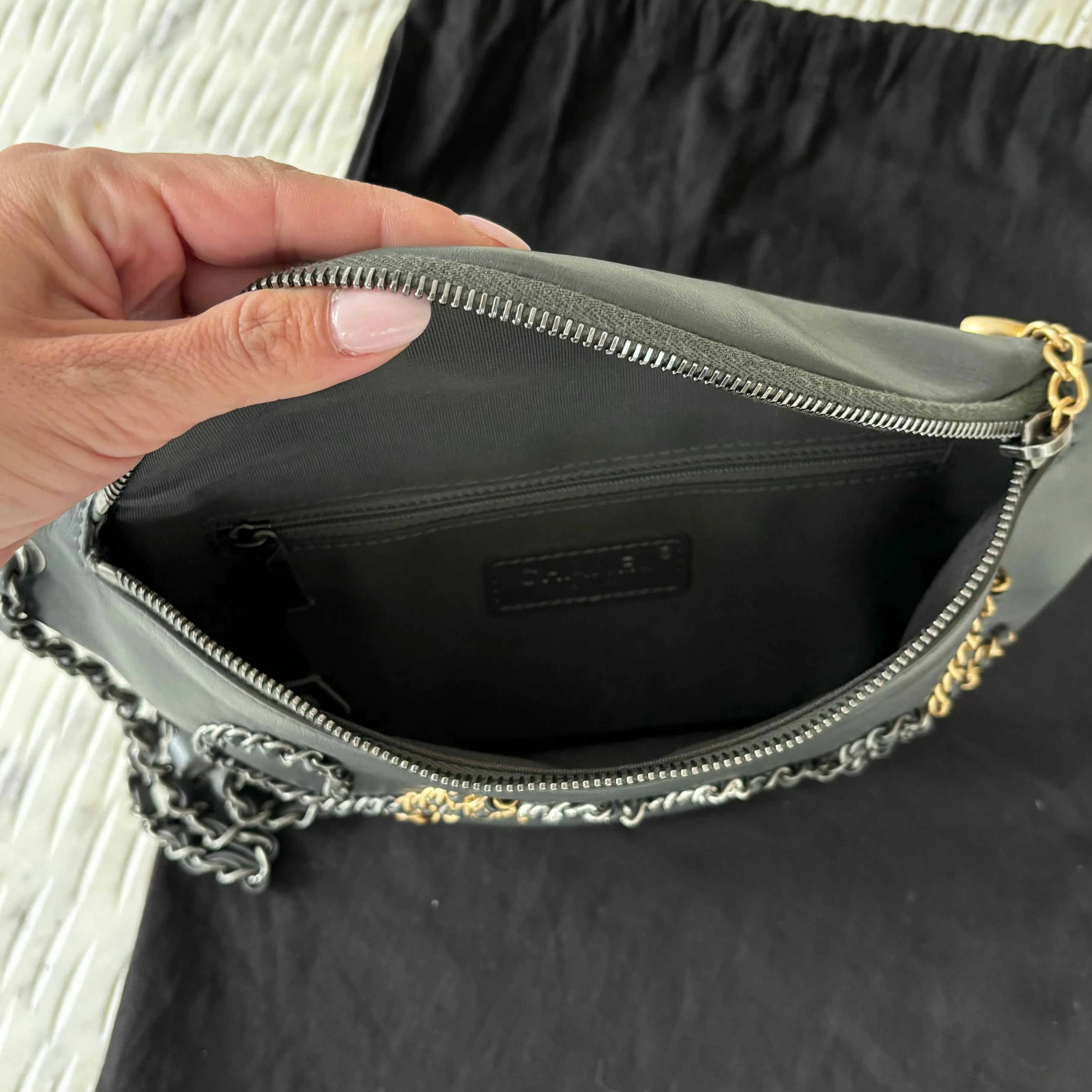 Chanel Grey Calfskin Leather Three-tone Metal Chain Signe Waist Bag