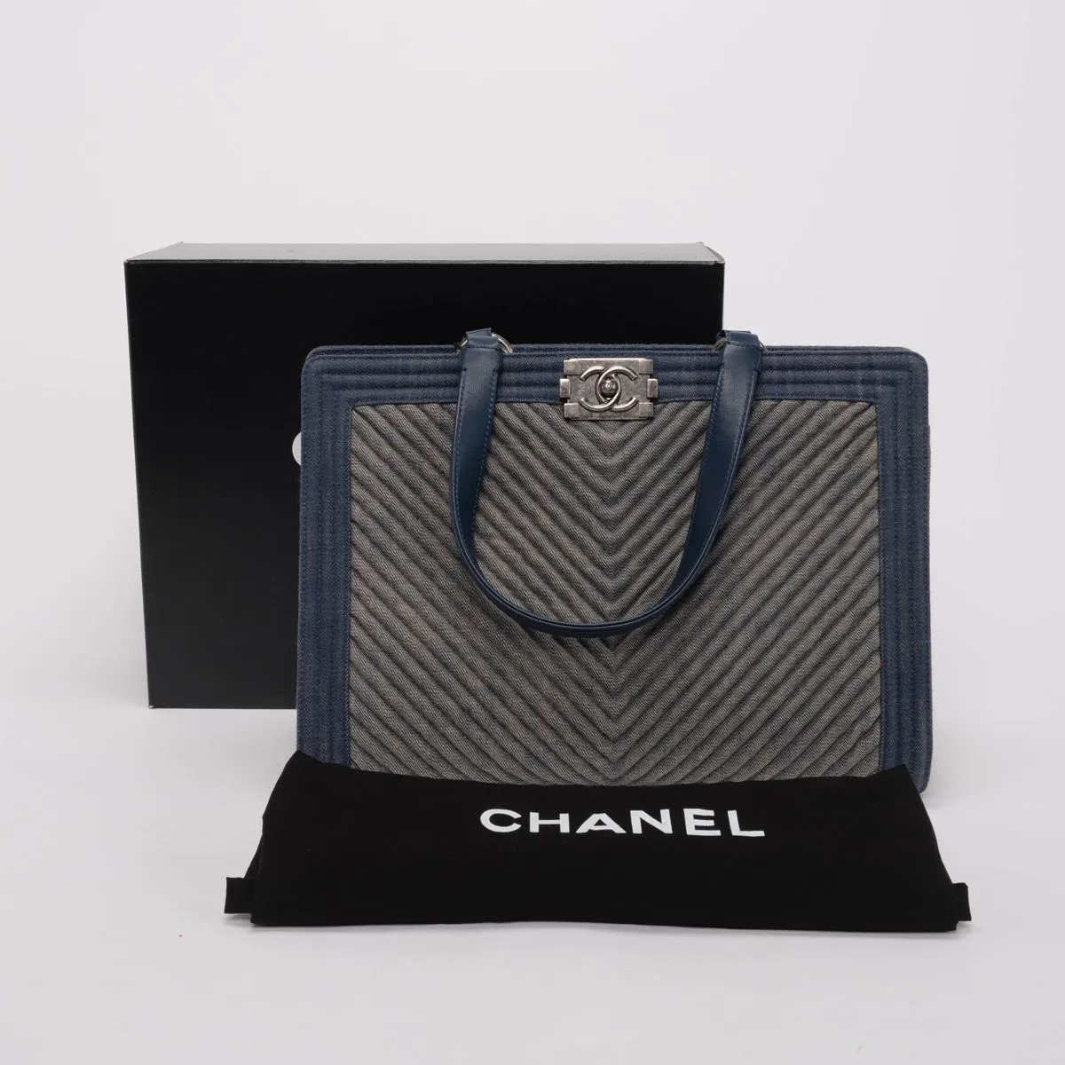 Chanel Light Blue Chevron Denim Boy Tote