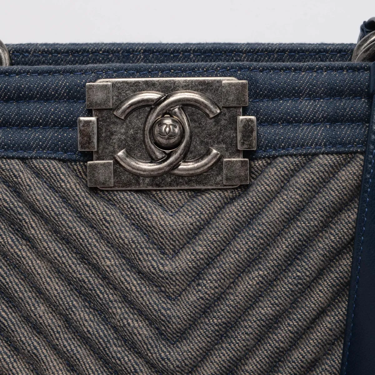 Chanel Light Blue Chevron Denim Boy Tote