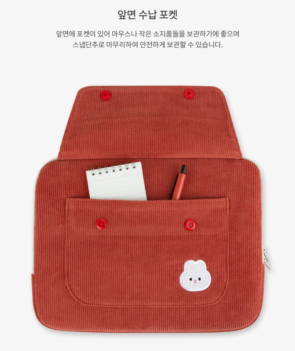 Cute Embroidery Bear Bunny Rabbit Corduroy Laptop Sleeves iPad 11 13 15 Cases Skins Protective Covers Purses Handbags Square Pouches School Collage Office