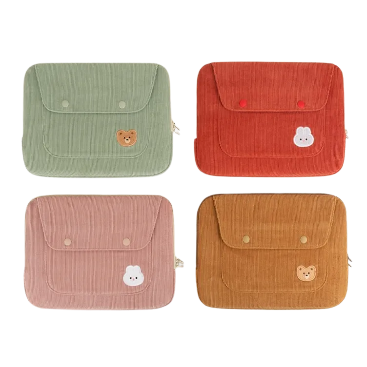 Cute Embroidery Bear Bunny Rabbit Corduroy Laptop Sleeves iPad 11 13 15 Cases Skins Protective Covers Purses Handbags Square Pouches School Collage Office