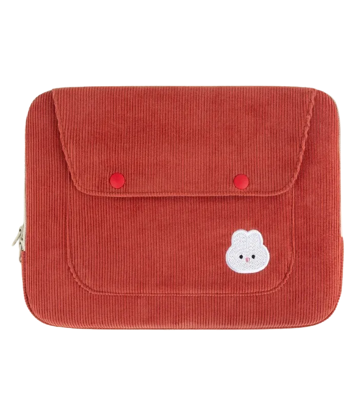 Cute Embroidery Bear Bunny Rabbit Corduroy Laptop Sleeves iPad 11 13 15 Cases Skins Protective Covers Purses Handbags Square Pouches School Collage Office