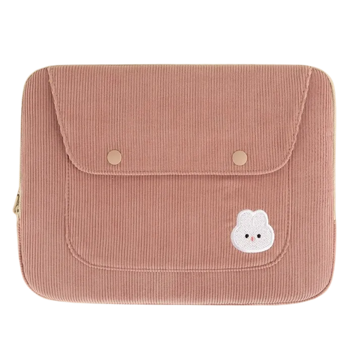 Cute Embroidery Bear Bunny Rabbit Corduroy Laptop Sleeves iPad 11 13 15 Cases Skins Protective Covers Purses Handbags Square Pouches School Collage Office