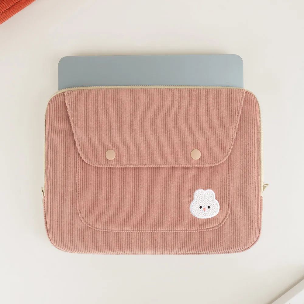 Cute Embroidery Bear Bunny Rabbit Corduroy Laptop Sleeves iPad 11 13 15 Cases Skins Protective Covers Purses Handbags Square Pouches School Collage Office