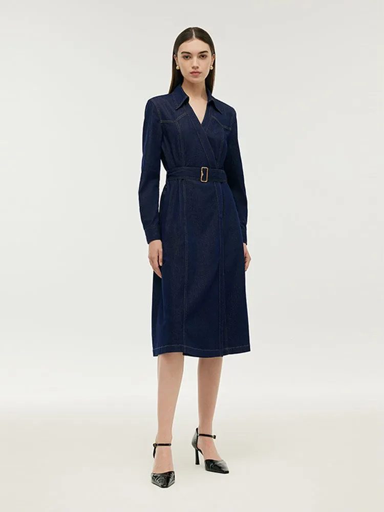 Denim Lapel Women Midi Dress With Belt