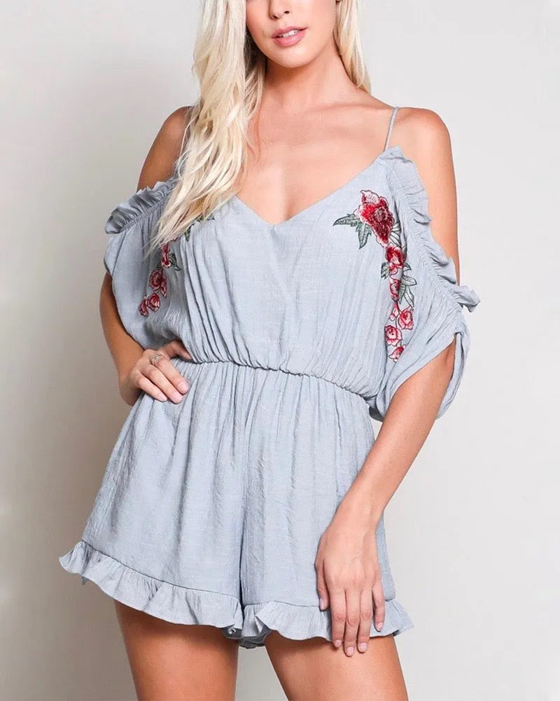 Final Sale - Cold Shoulder Ruffle Hem Embroidered Romper - More Colors