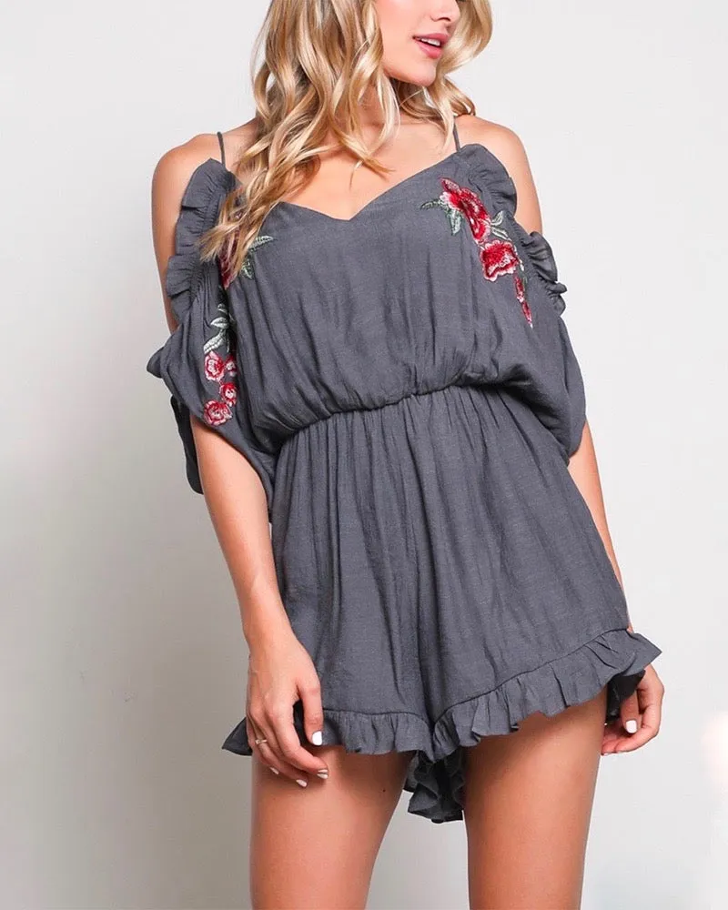 Final Sale - Cold Shoulder Ruffle Hem Embroidered Romper - More Colors