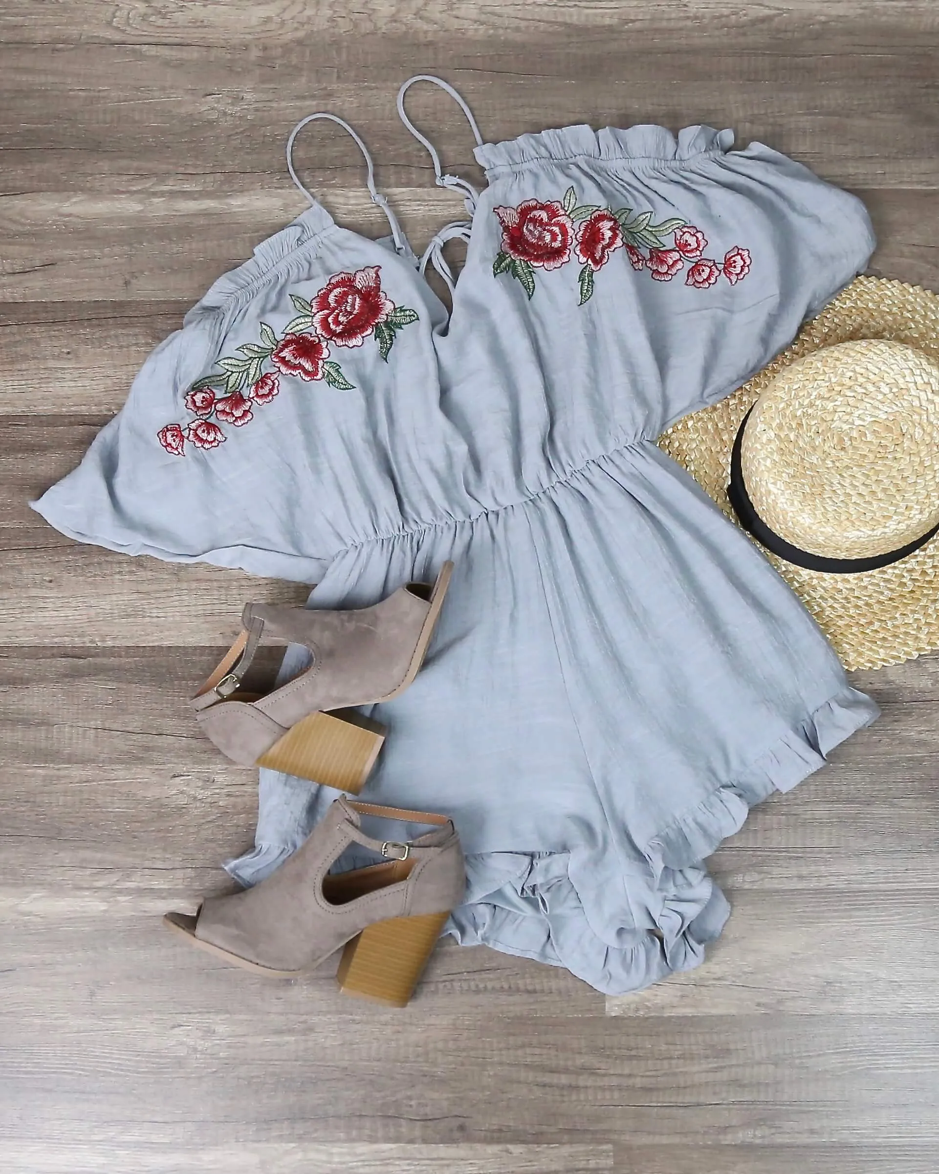 Final Sale - Cold Shoulder Ruffle Hem Embroidered Romper - More Colors