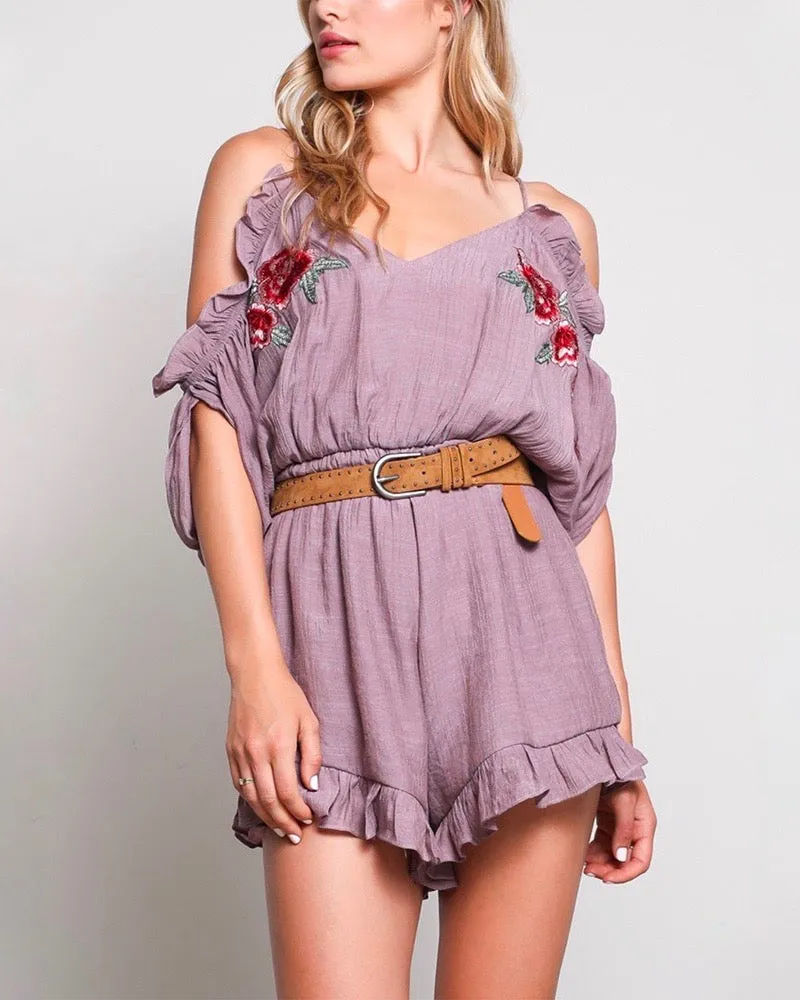 Final Sale - Cold Shoulder Ruffle Hem Embroidered Romper - More Colors