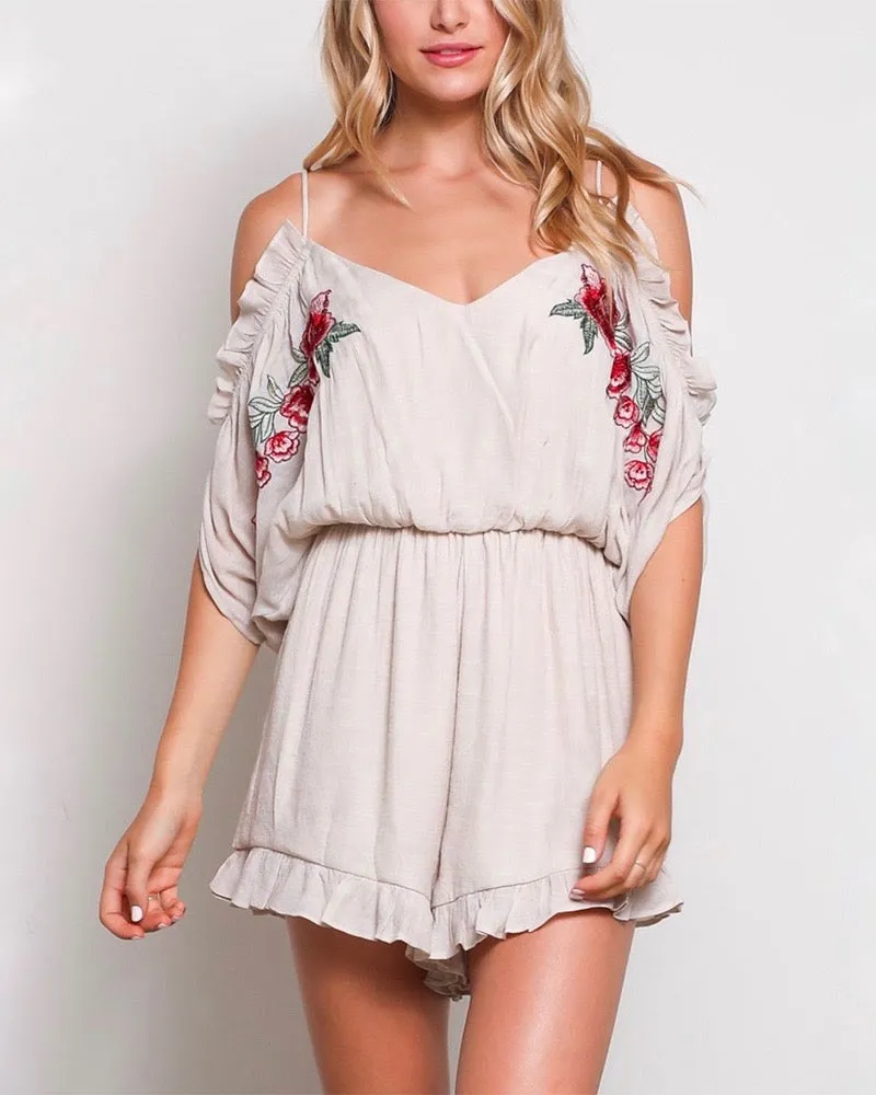 Final Sale - Cold Shoulder Ruffle Hem Embroidered Romper - More Colors