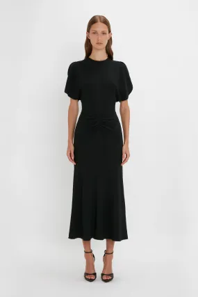 Gathered Waist Midi Dress In Black