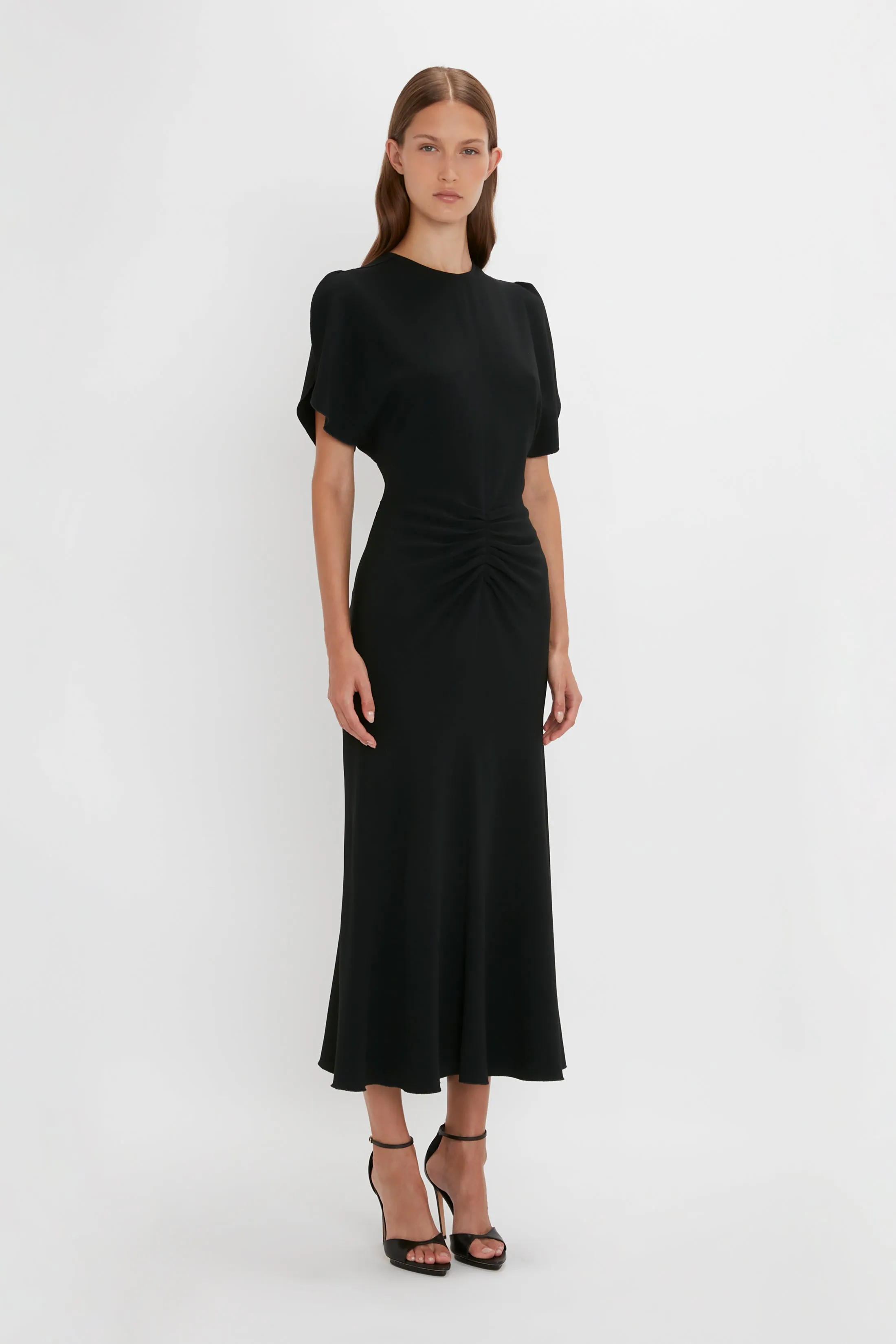 Gathered Waist Midi Dress In Black