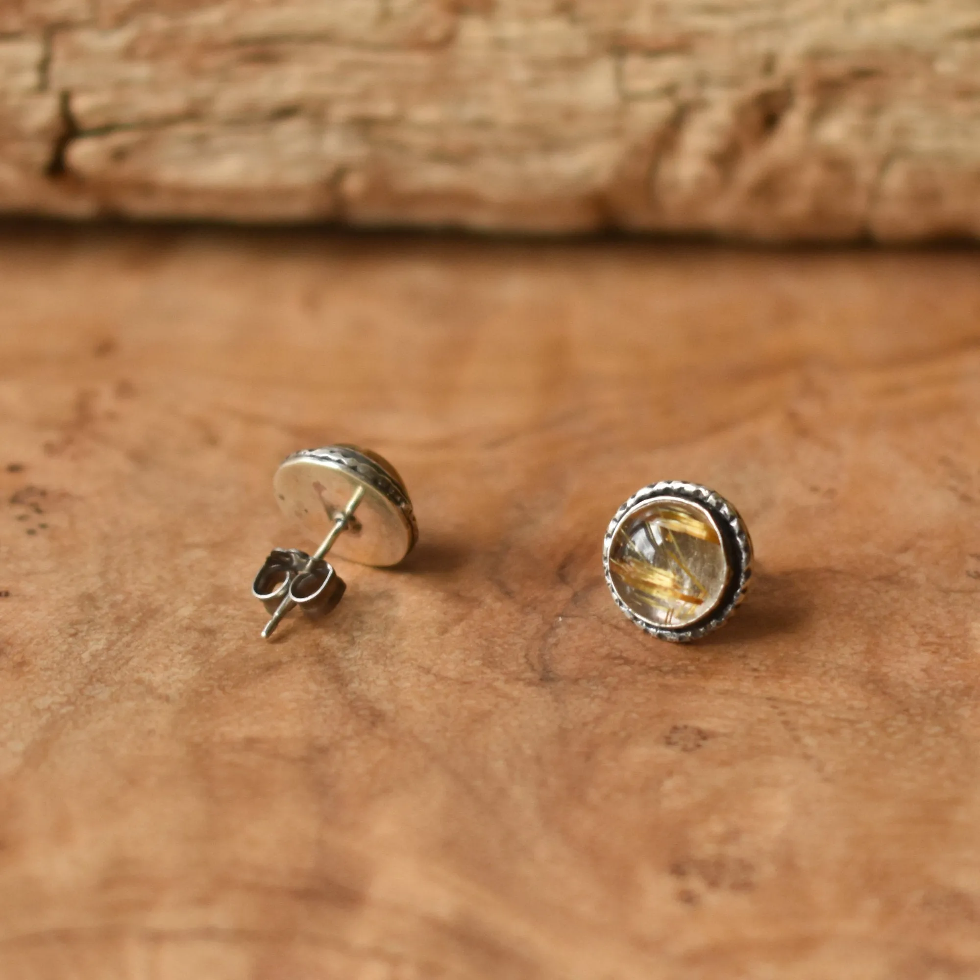 Golden Rutilated Quartz Posts - Hammered Post Earrings - Silversmith Earrings - 8mm Stones