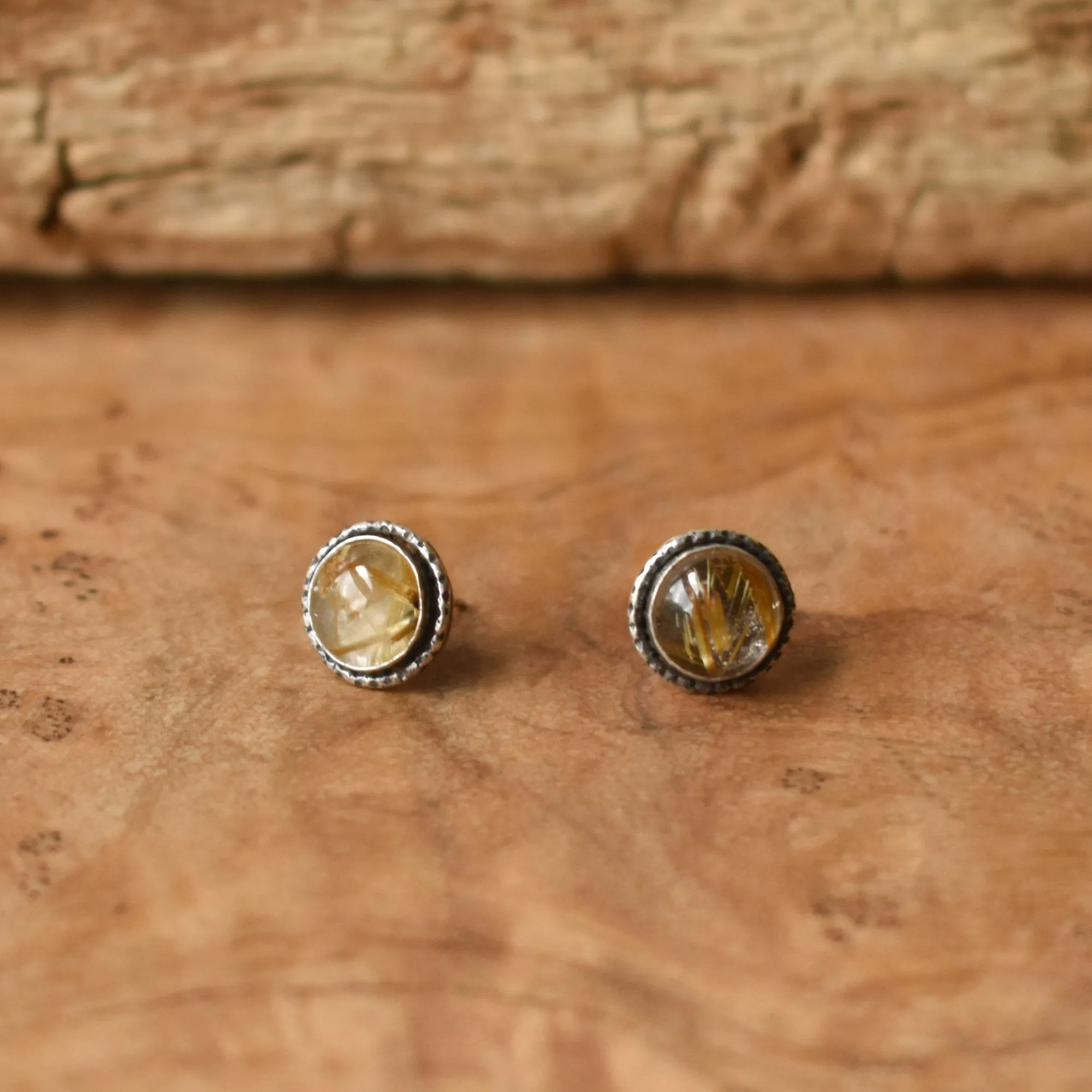 Golden Rutilated Quartz Posts - Hammered Post Earrings - Silversmith Earrings - 8mm Stones