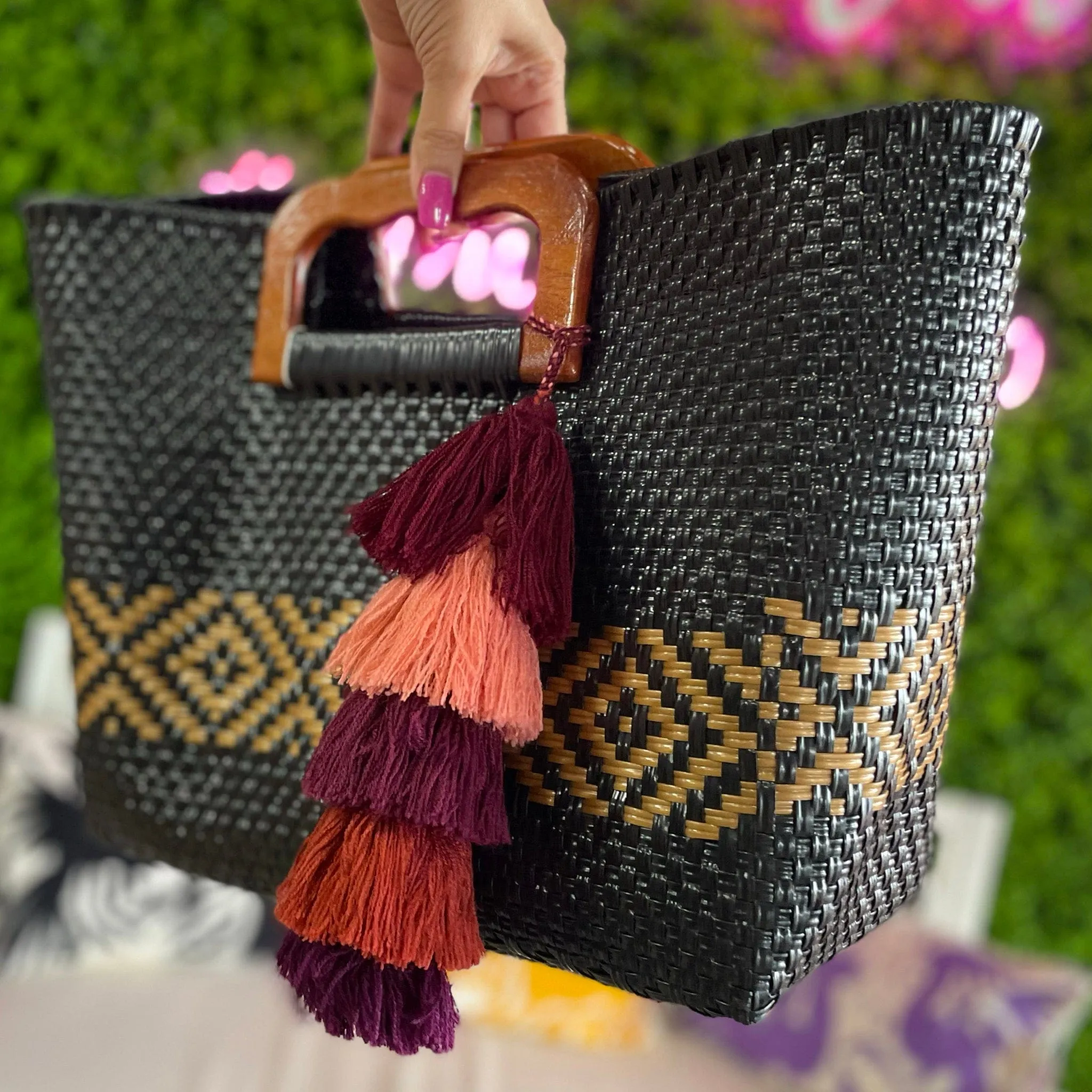 Handwoven Oaxacan Upcycled Tote - Wood Handles