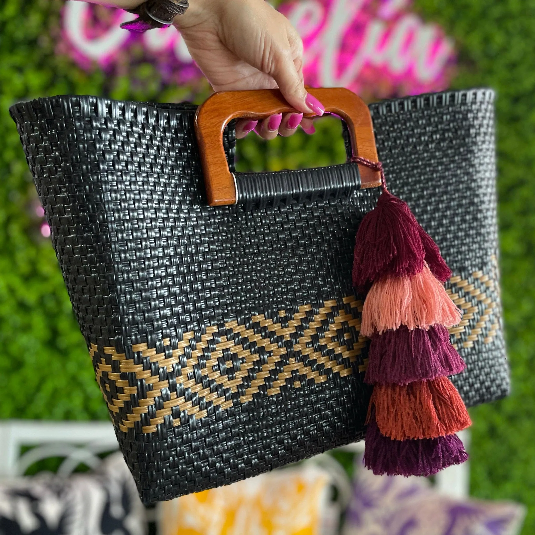 Handwoven Oaxacan Upcycled Tote - Wood Handles