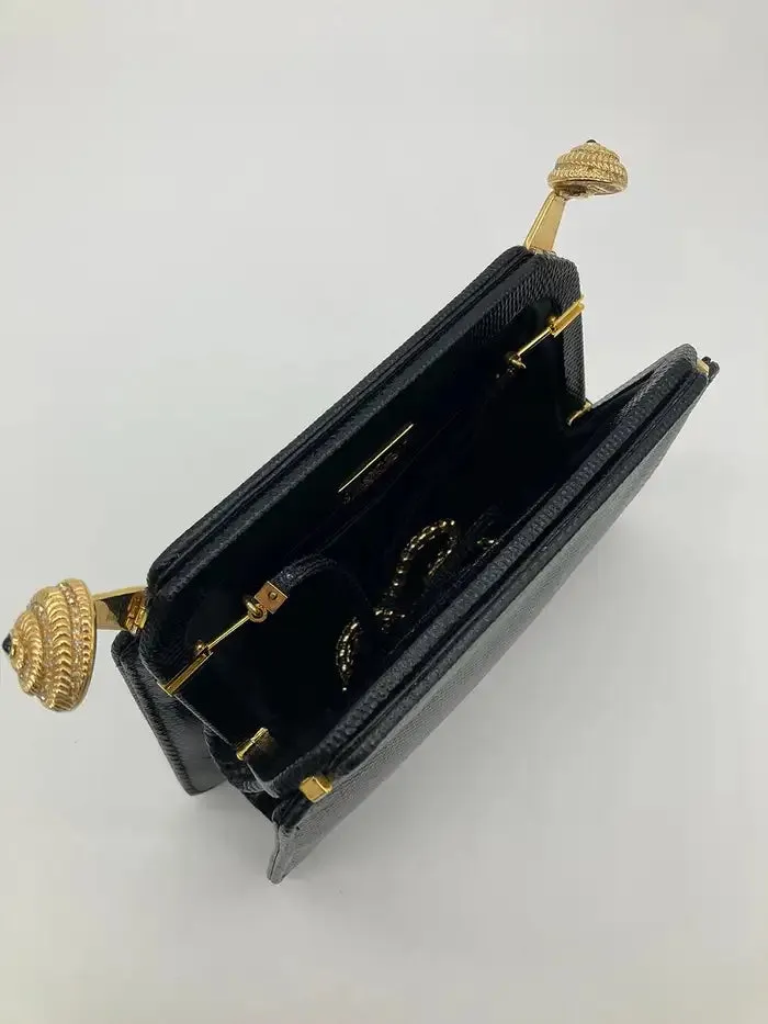 Judith Leiber Black Lizard Crystal Shells Clutch