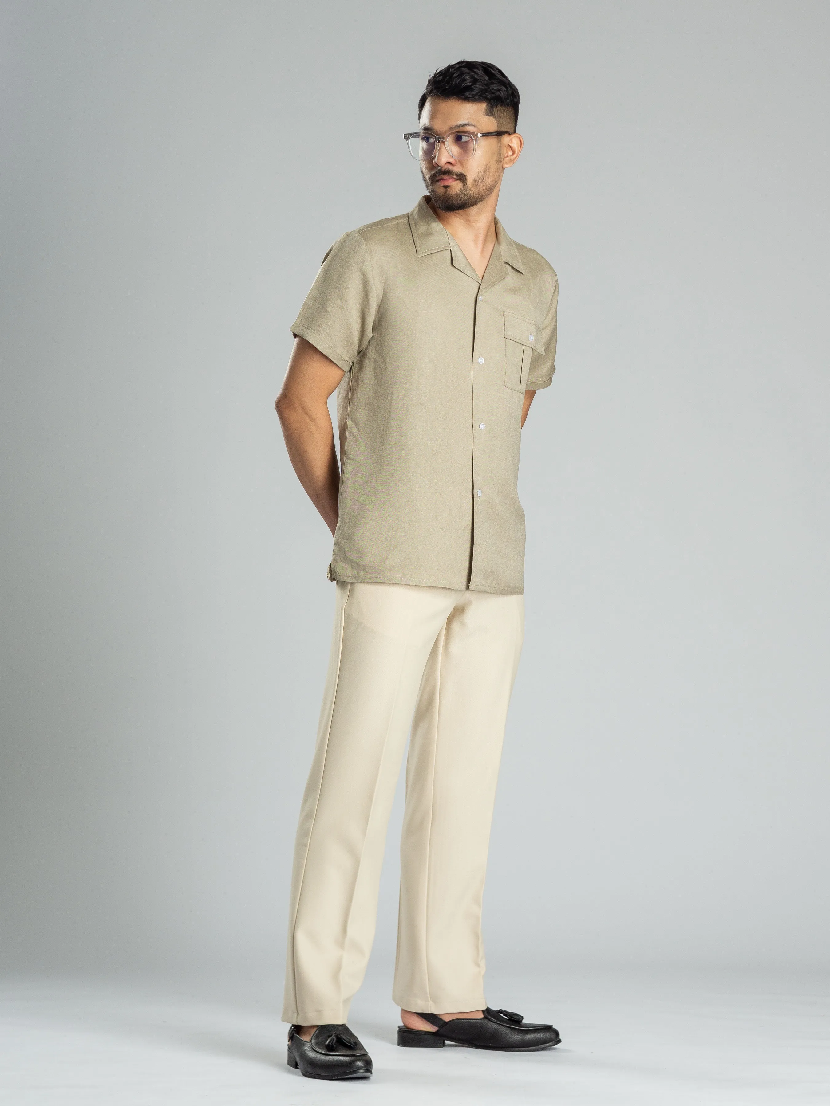 Linen Cuban Collar Shirt - Beige