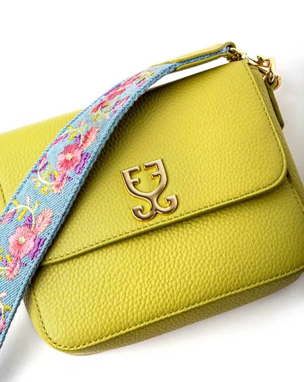 Mini Goblet Crossbody Leather : Lime Green with Denim Straps