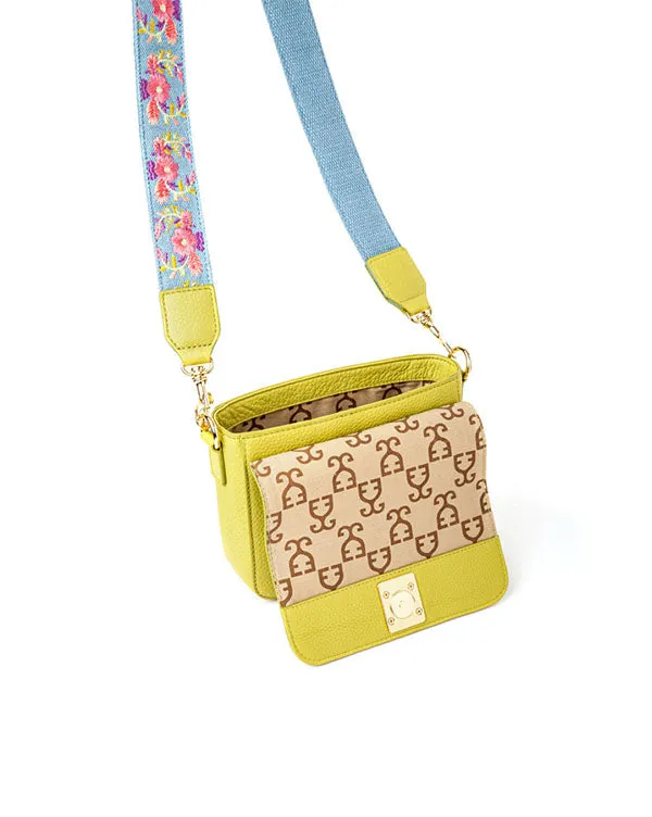 Mini Goblet Crossbody Leather : Lime Green with Denim Straps