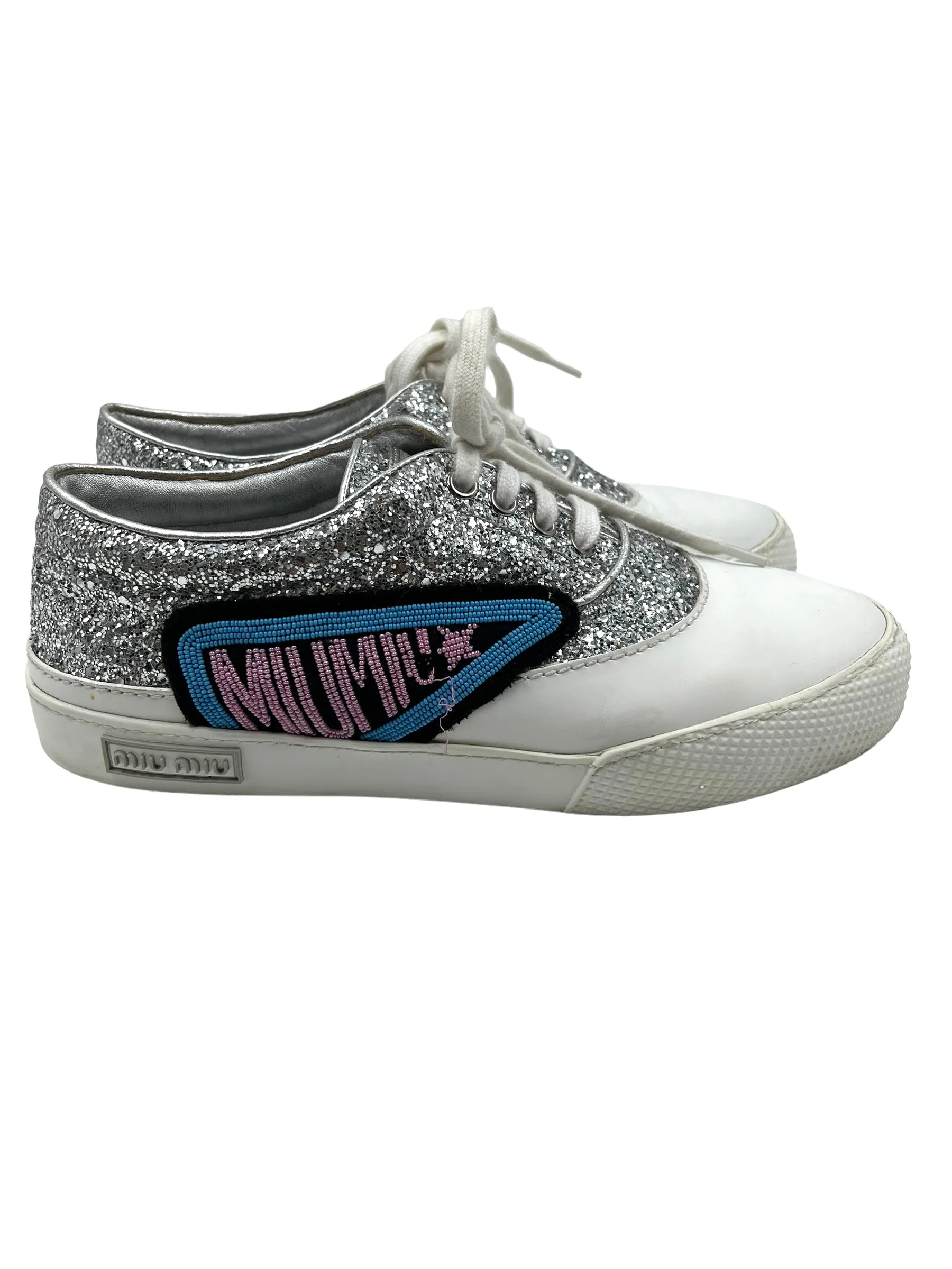 Miu Miu Silver Size 39 Low Top Glitter Sneakers