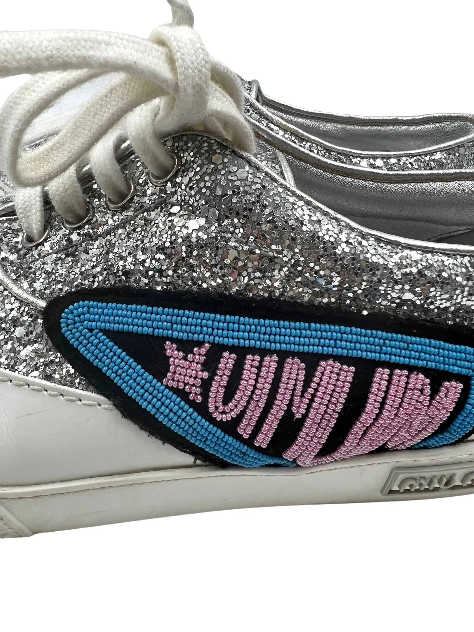 Miu Miu Silver Size 39 Low Top Glitter Sneakers