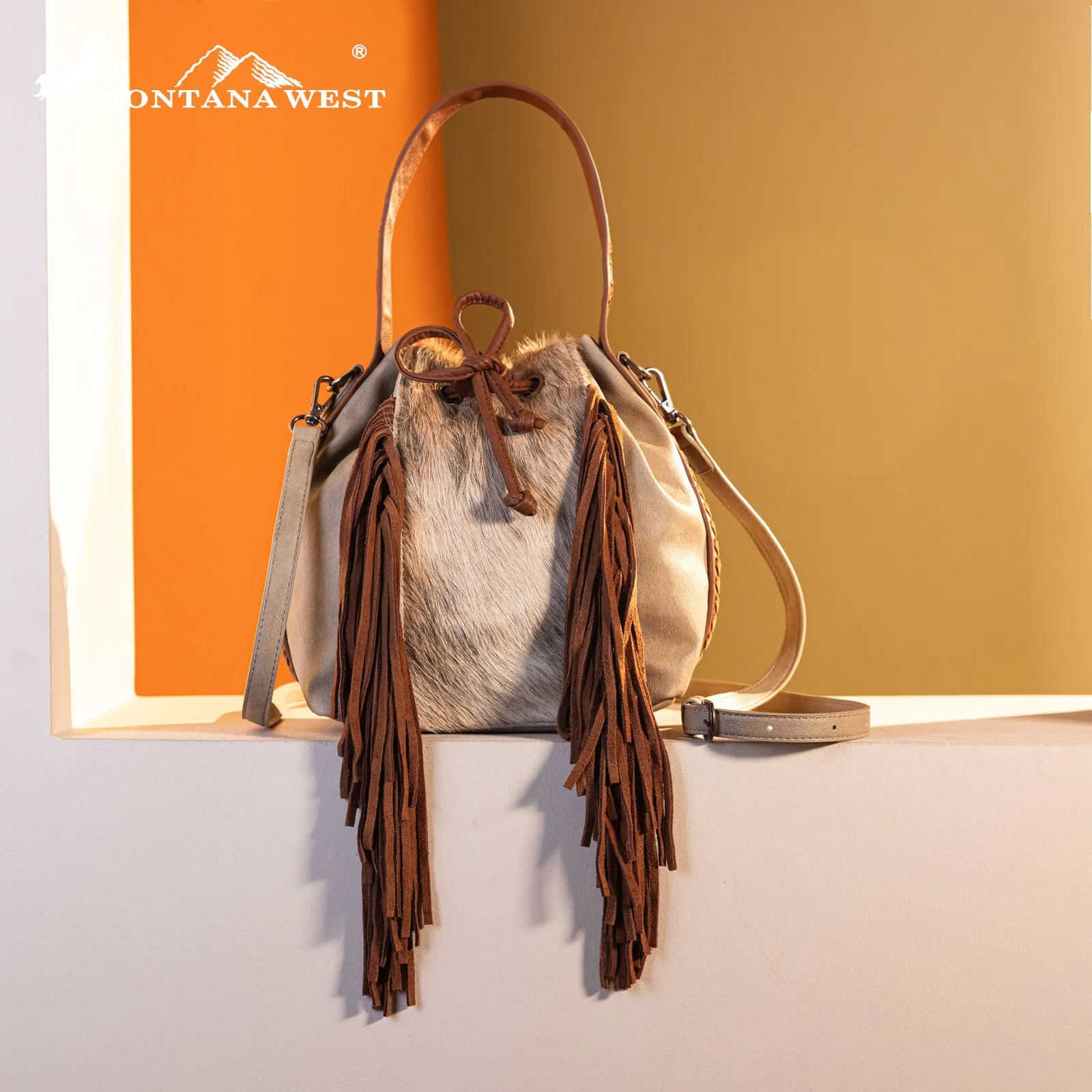 MWF1046-205S Montana West Hair-On Cowhide Drawstring Hobo/Crossbody - Tan